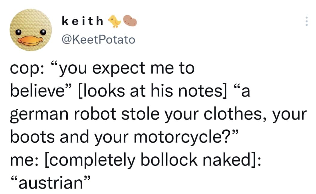 keith @KeetPotato cop: "you expect me to believe" [looks at his notes] "a german robot stole your clothes, your boots and your motorcycle?" me: [completely bollock naked]: "austrian"