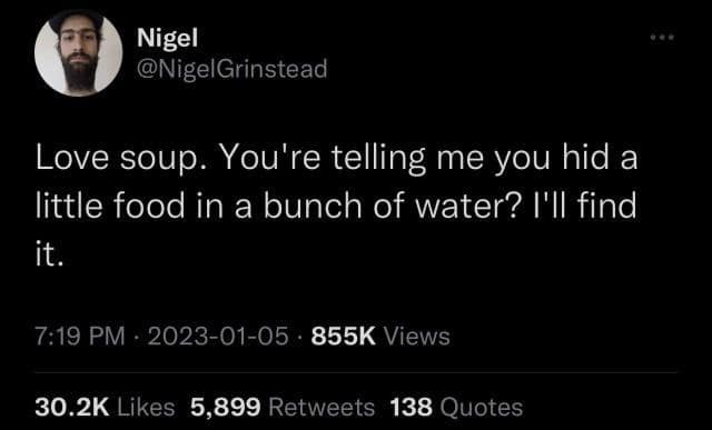 Nigel @NigelGrinstead Love soup. You're telling me you hid a little food in a bunch of water? I'll find it. 7:19 PM - 2023-01-05 • 855K Views 30.2K Likes 5,899 Retweets 138 Quotes