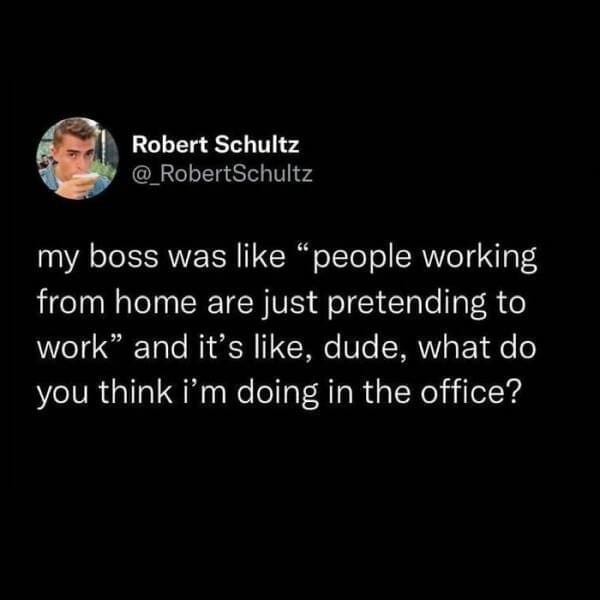 Robert Schultz @_RobertSchultz my boss was like "people working from home are just pretending to work" and it's like, dude, what do you think i'm doing in the office?