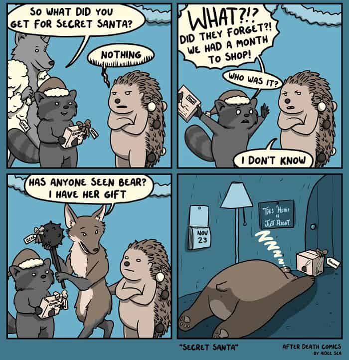 dark humor comics, after death comics, funny web comics, grim panels, eerie illustrations, spooky jokes, grim cartoons, spooky doodles, haunting drawings, ghostly lines, twisted humor, dark comedic style, ominous wisecracks, shadowy quips, morbid jokes, taboo laughs, gloomy punchlines, macabre banter