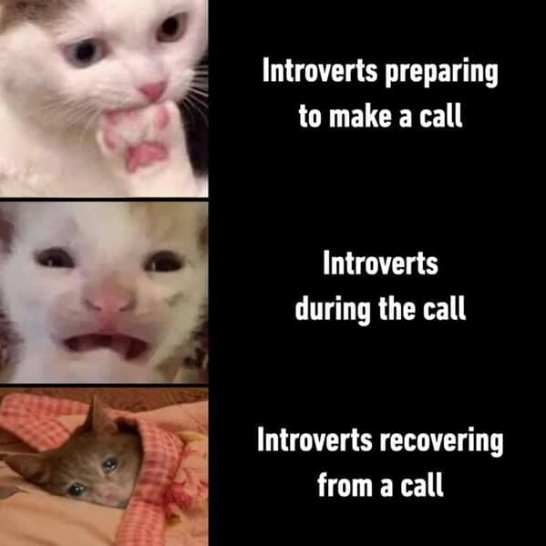 Introverts preparing to make a call Introverts during the call Introverts recovering from a call