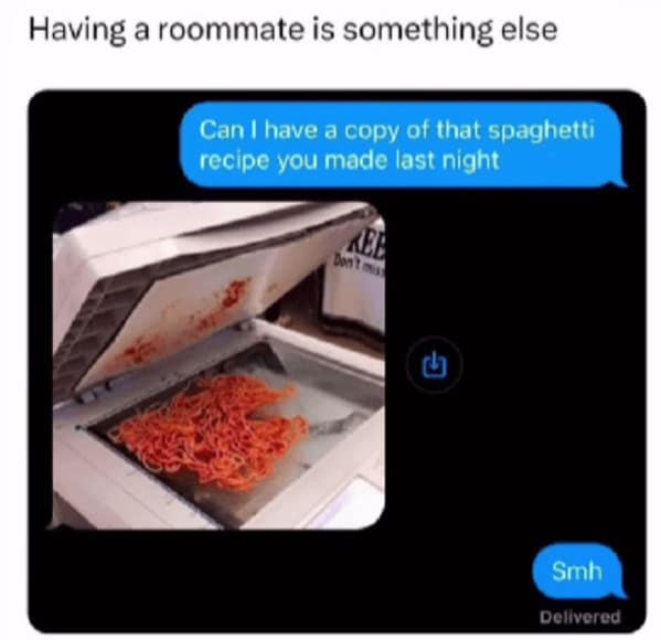 Having a roommate is something else Can I have a copy of that spaghetti recipe you made last night