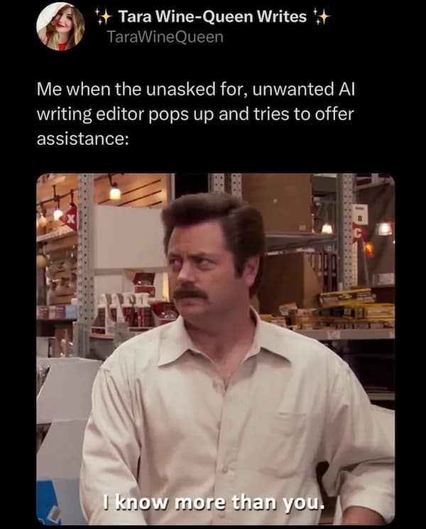 Me when the unasked for, unwanted Al writing editor pops up and tries to offer assistance: