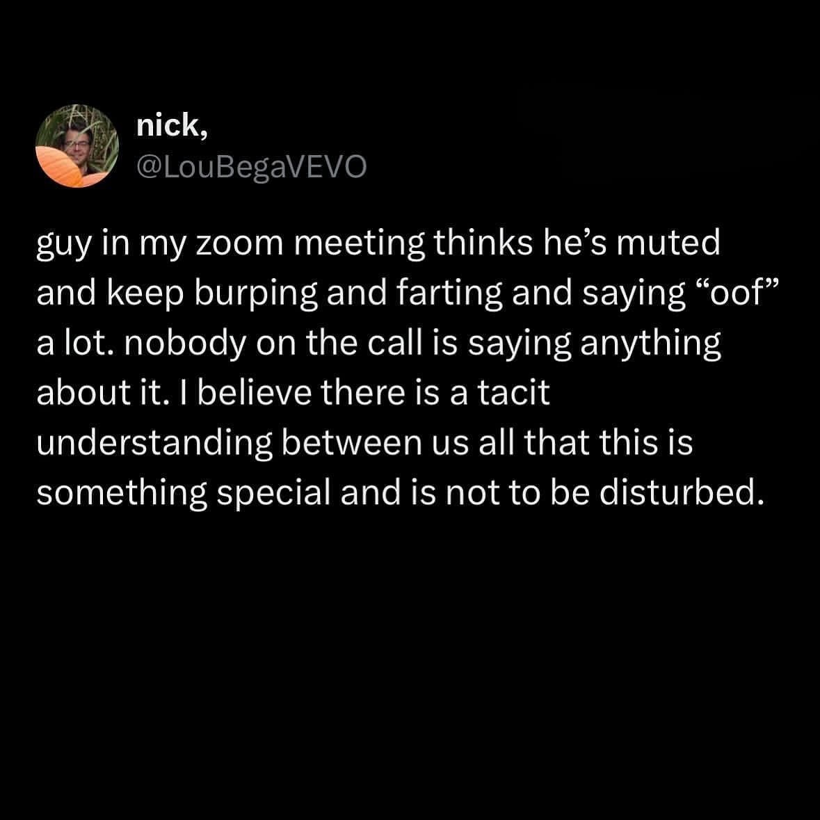 guy in my zoom meeting thinks he's muted and keep burping and farting and saying "oof" a lot. nobody on the call is saying anything about it. I believe there is a tacit understanding between us all that this is something special and is not to be disturbed.