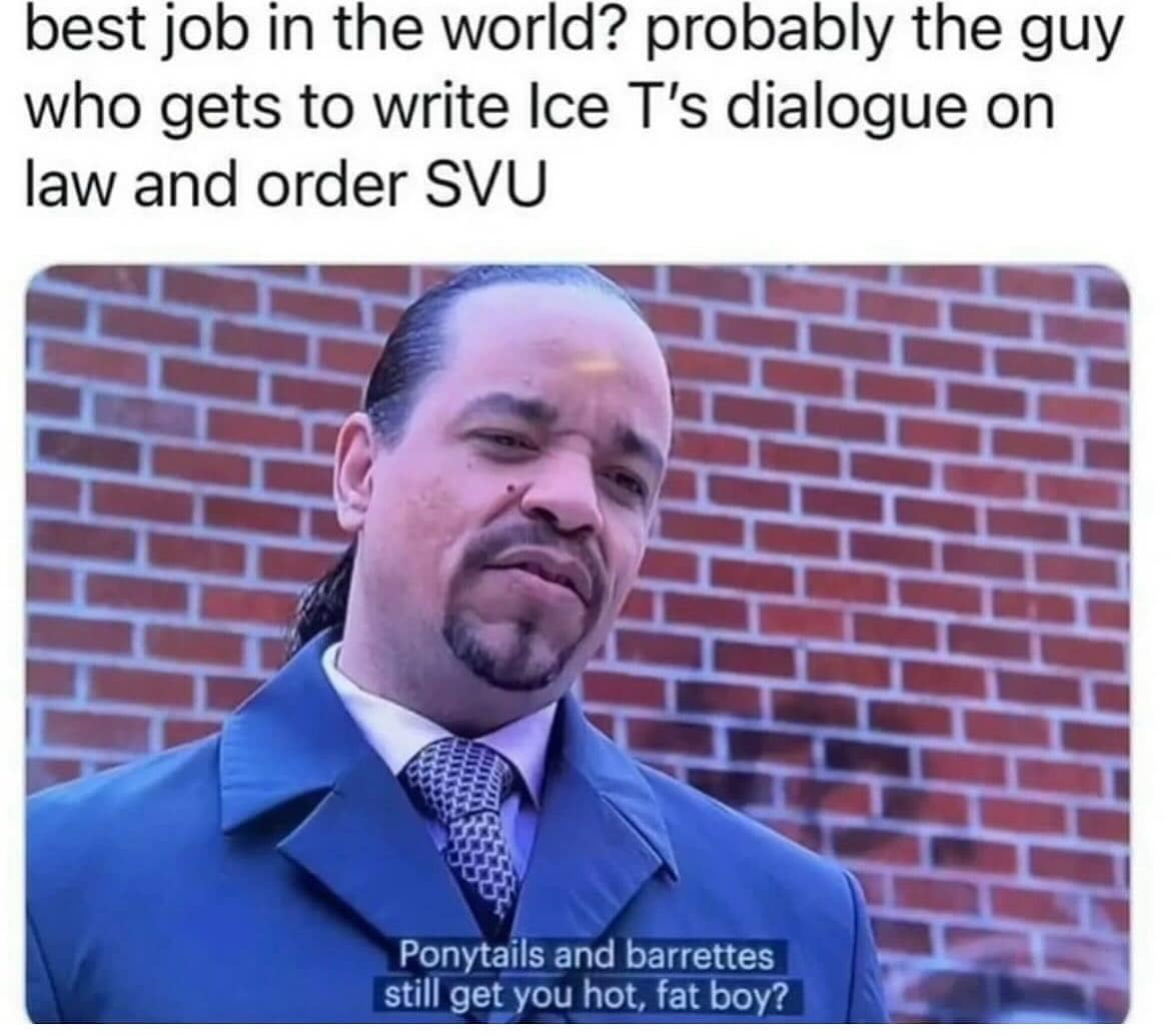 best job in the world? probably the guy who gets to write Ice T's dialogue on law and order SVU Ponytails and barrettes still get you hot, fat boy?