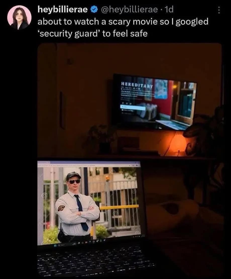 about to watch a scary movie so l googled "security guard' to feel safe