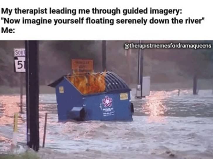 My therapist leading me through guided imagery: "Now imagine yourself floating serenely down the river" Me: