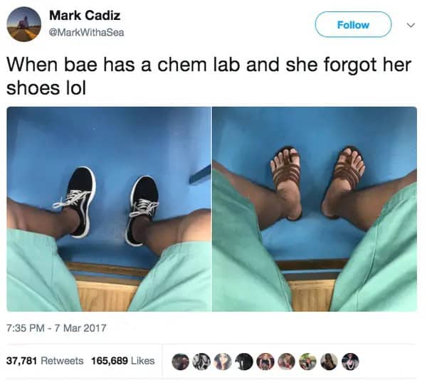 When bae has a chem lab and she forgot her shoes lol