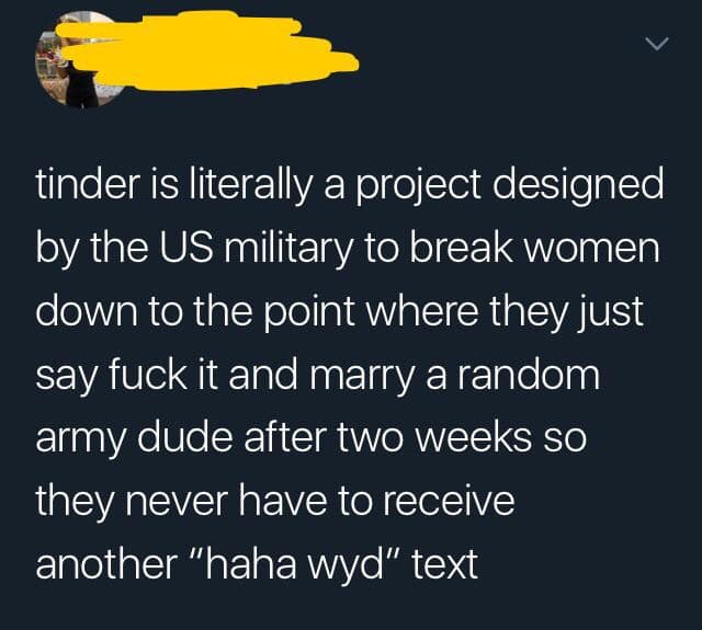 tinder is literally a project designed by the US military to break women down to the point where they just say fuck it and marry a random army dude after two weeks so they never have to receive another "haha wyd" text