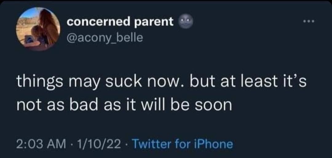 concerned parent @acony belle things may suck now. but at least it's not as bad as it will be soon 2:03 AM • 1/10/22 • Twitter for iPhone