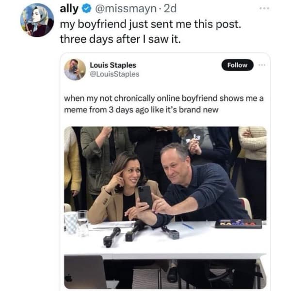 ally @missmayn • 2d my boyfriend just sent me this post. three days after I saw it. Louis Staples @LouisStaples Follow when my not chronically online boyfriend shows me a meme from 3 days ago like it's brand new