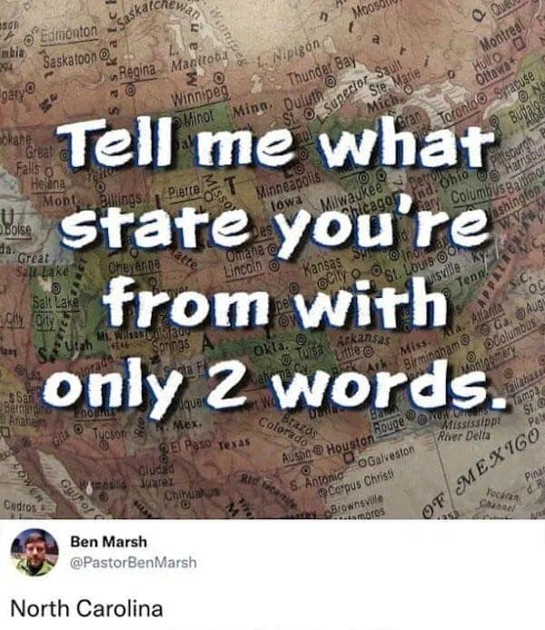 mkia Saskatoon ® in Regina- Manitong L. Minigong Montreal garge @ Thundet Bay Winnipeg Ming Duluth скале - Superior Sault Ste Marie HULO Ottaway Great Tell me міст Mont Plate Y what Toronia© Syraruse Minneapolis, a Great Salt state you re Milwaukee® Columbus Baltim ashington Lake Salt Lake City from with ®st Leus oo สรุมห @ Aug okla. 0B025 MISS only 2 words. Birminanam ® @Columbus ©E Paso Texas Colorado Brazos Ausbn® Houston. River Delta DoGalveston Cedtos Chindalps S. Antonig @Corpus Christi Brownsville MEXICO ping OF 4a6l Ben Marsh @PastorBenMarsh North Carolina