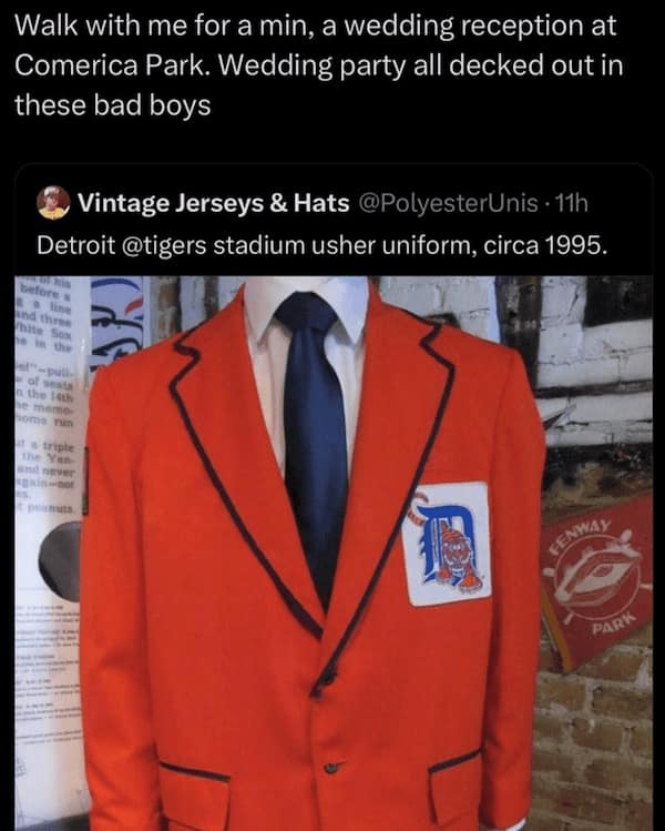 Walk with me for a min, a wedding reception at Comerica Park. Wedding party all decked out in these bad boys