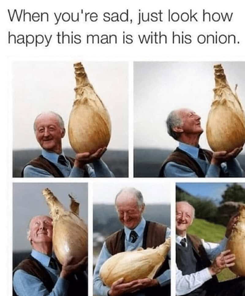 When you're sad, just look how happy this man is with his onion.