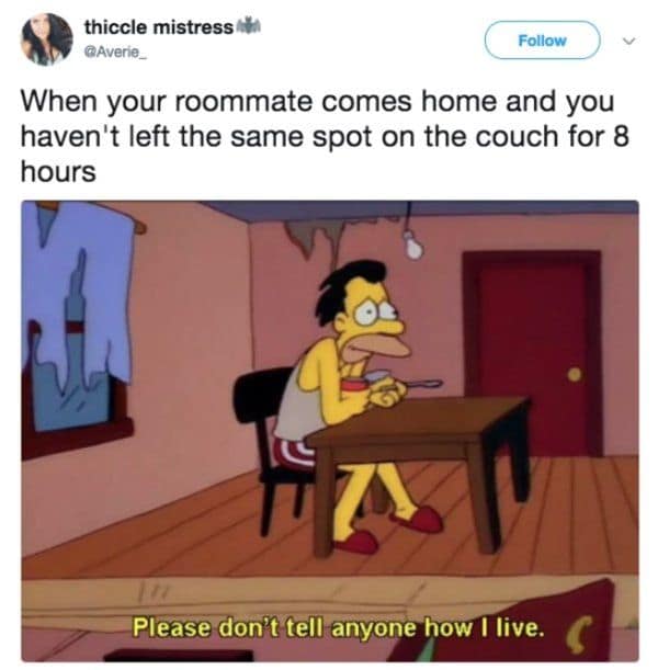 When your roommate comes home and you haven't left the same spot on the couch for 8 hours Please don't tell anyone how I live.