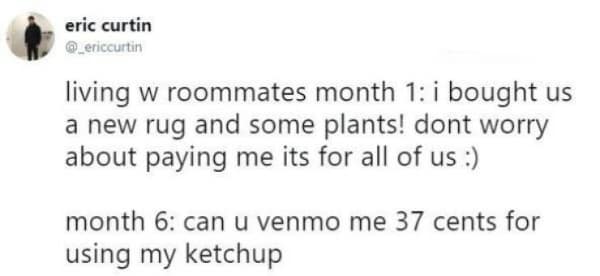 living w roommates month 1: i bought us a new rug and some plants! dont worry about paying me its for all of us :) month 6: can u venmo me 37 cents for using my ketchup