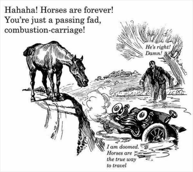 Hahaha! Horses are forever! You're just a passing fad, combustion-carriage!