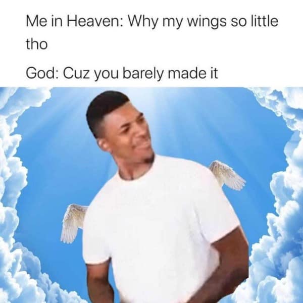 Me in Heaven: Why my wings so little tho God: Cuz you barely made it