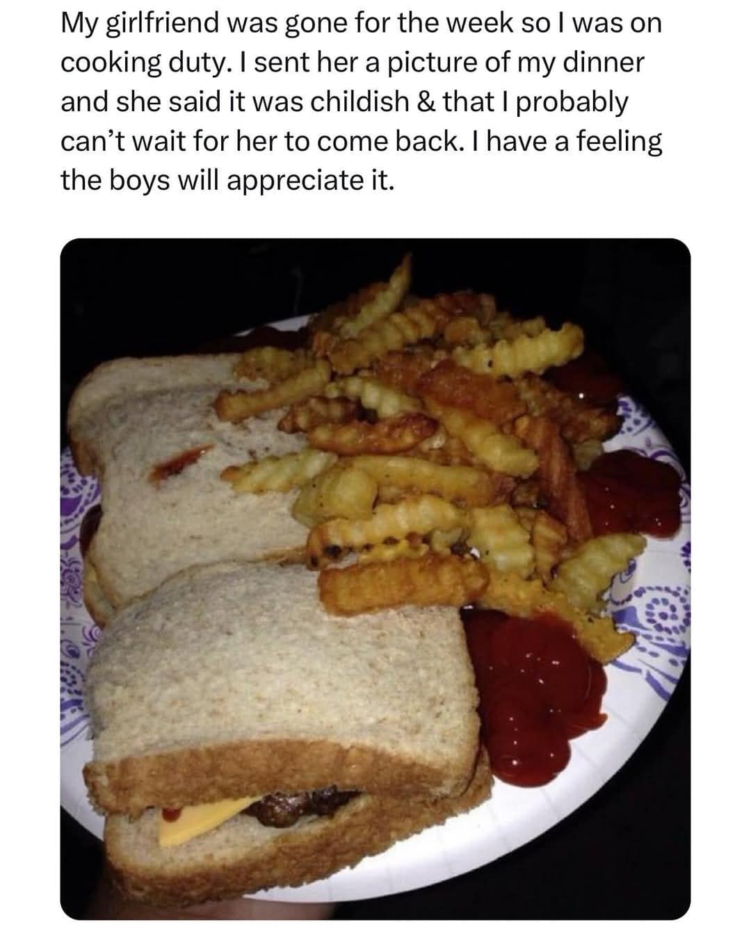 My girlfriend was gone for the week so I was on cooking duty. I sent her a picture of my dinner and she said it was childish & that I probably can't wait for her to come back. I have a feeling the boys will appreciate it.