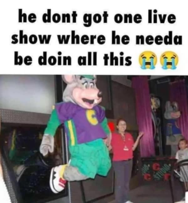 chuck e cheese meme, chuck e cheese memes, Chuck E Cheese jokes, Chuck E Cheese humor, Chuck E Cheese gags, cheesy nostalgia memes, retro-themed memes, childhood throwback memes, animatronic humor, robot band jokes, mechanical mascot comedy, family fun center memes, arcade nostalgia memes, play zone humor
