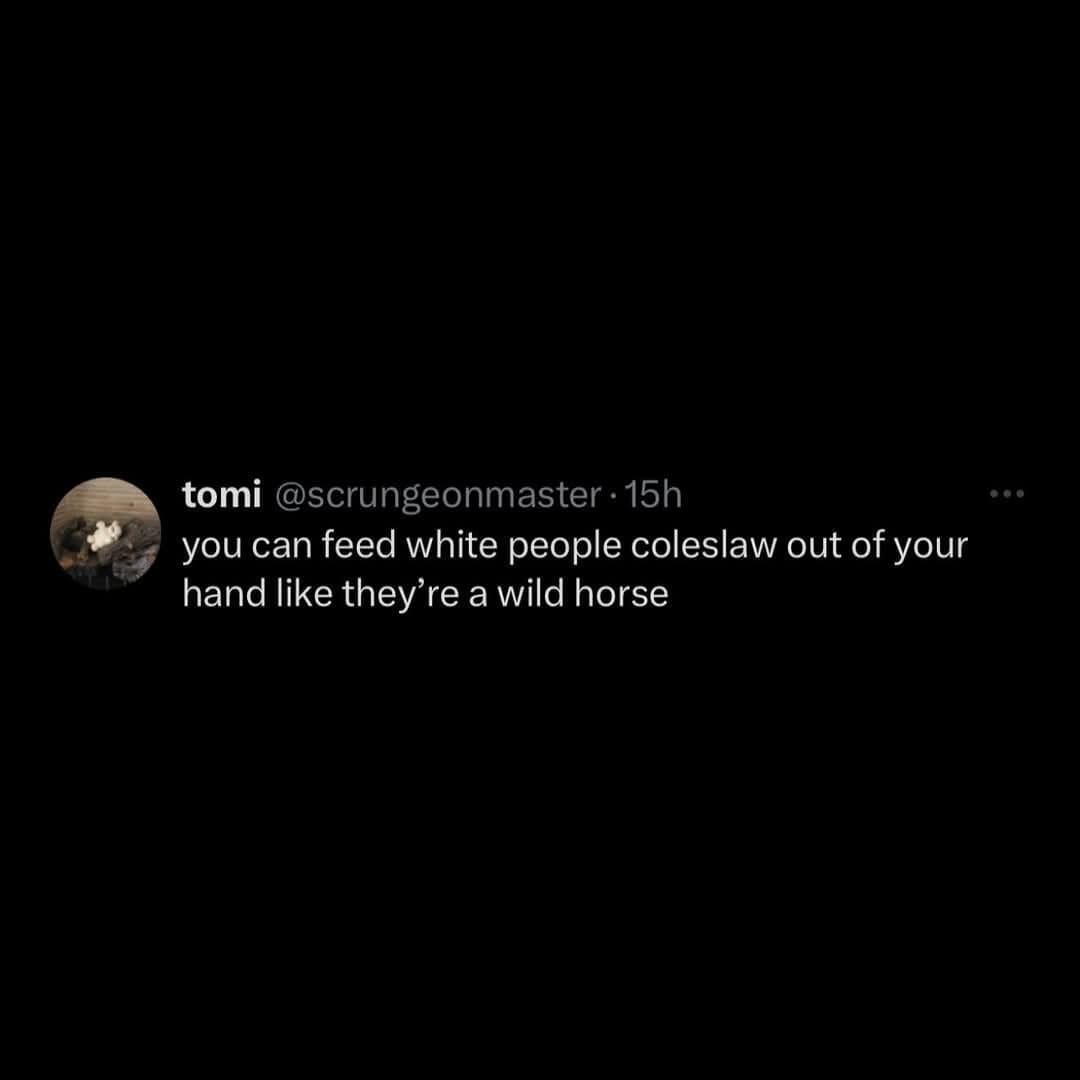 tomi @scrungeonmaster • 15h you can feed white people coleslaw out of your hand like they're a wild horse
