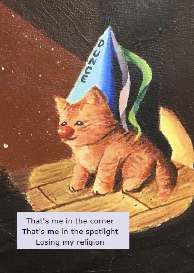 That's me in the corner That's me in the spotlight Losing my religion