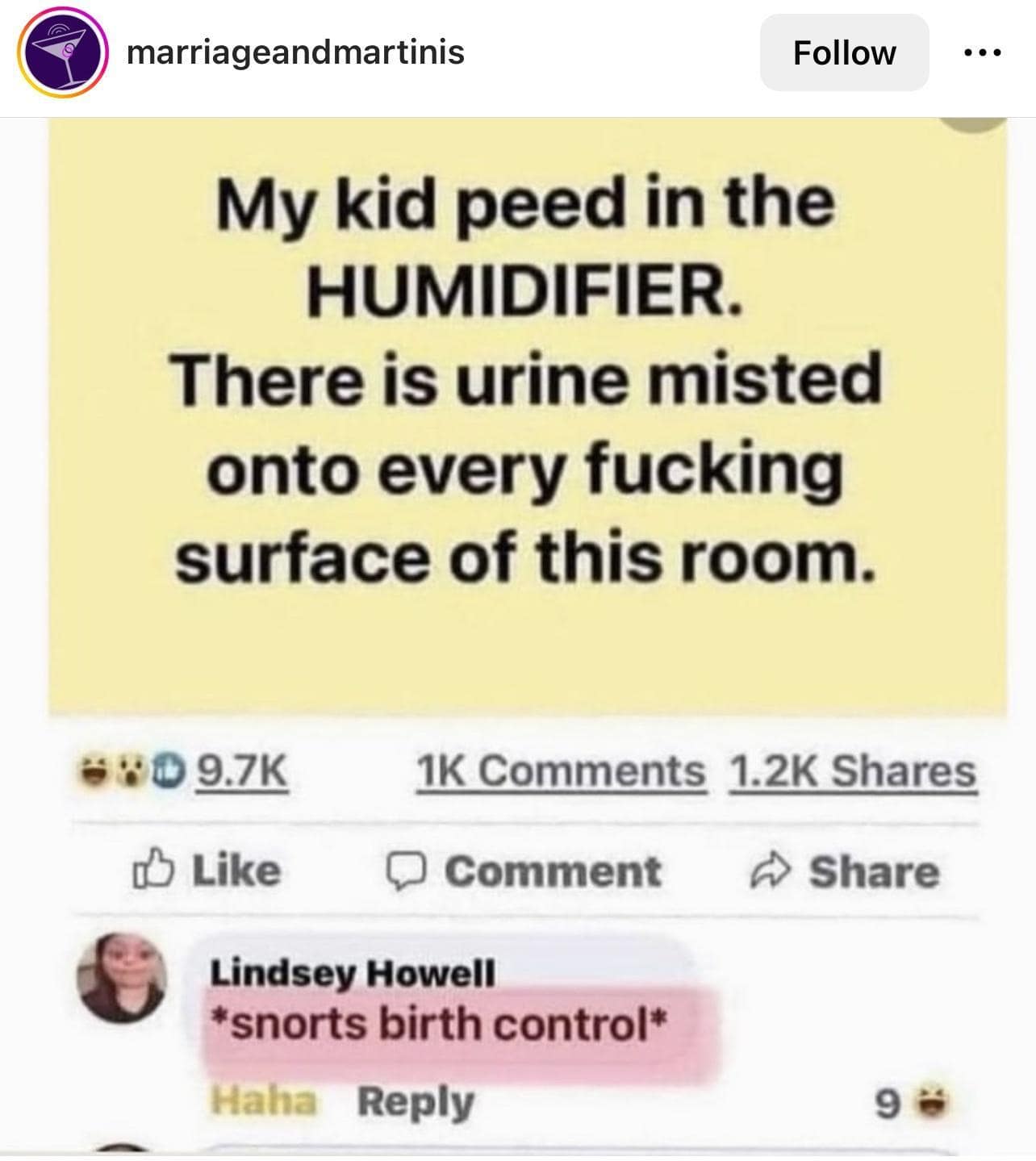 marriageandmartinis Follow My kid peed in the HUMIDIFIER. There is urine misted onto every fucking surface of this room. ÷80 9.7K 1K Comments 1.2K Shares B Like D Comment ~ Share Lindsey Howell *snorts birth control* Haha Reply 9 H