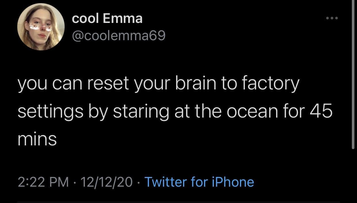 cool Emma @coolemma69 you can reset your brain to factory settings by staring at the ocean for 45 mins 2:22 PM • 12/12/20 • Twitter for iPhone