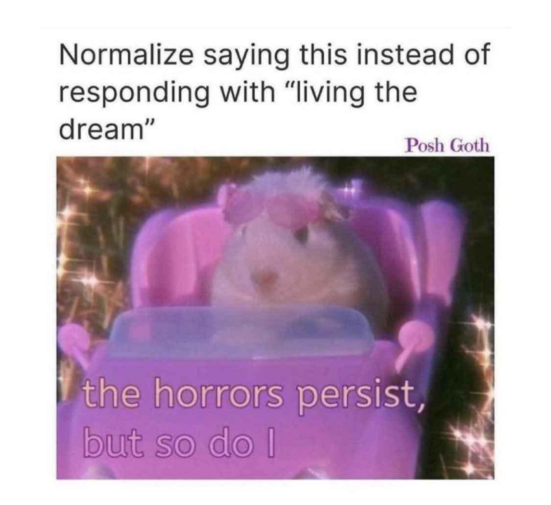 Normalize saying this instead of responding with "living the dream" Posh Goth the horrors persist, but so do I