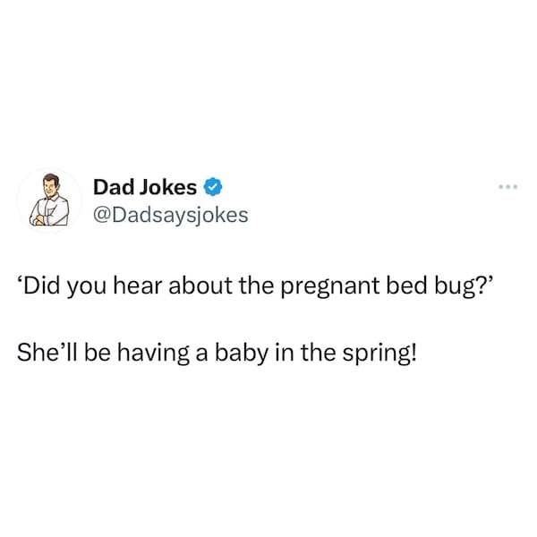 'Did you hear about the pregnant bed bug?' She'll be having a baby in the spring!