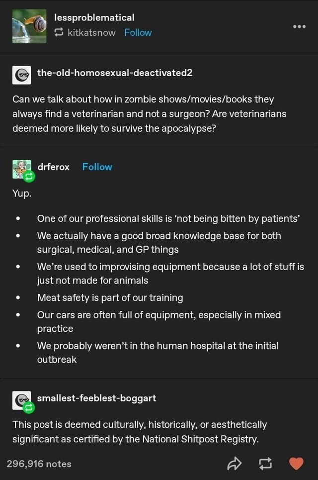 Can we talk about how in zombie shows/movies/books they always find a veterinarian and not a surgeon? Are veterinarians deemed more likely to survive the apocalypse?