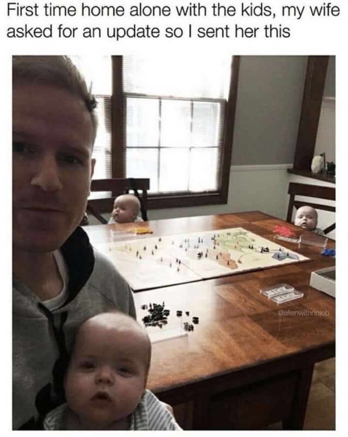 First time home alone with the kids, my wife asked for an update so I sent her this