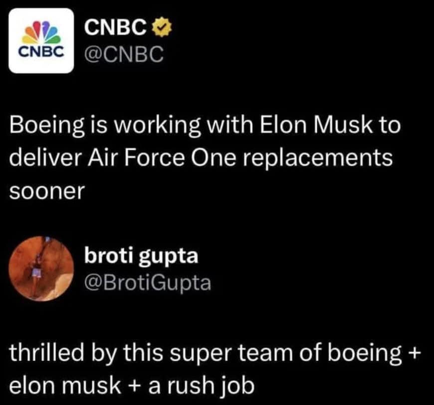 thrilled by this super team of boeing + elon musk + a rush job