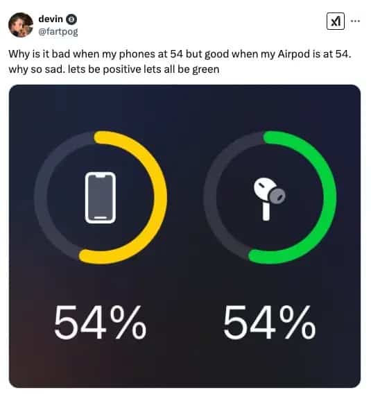 Why is it bad when my phones at 54 but good when my Airpod is at 54. why so sad. lets be positive lets all be green