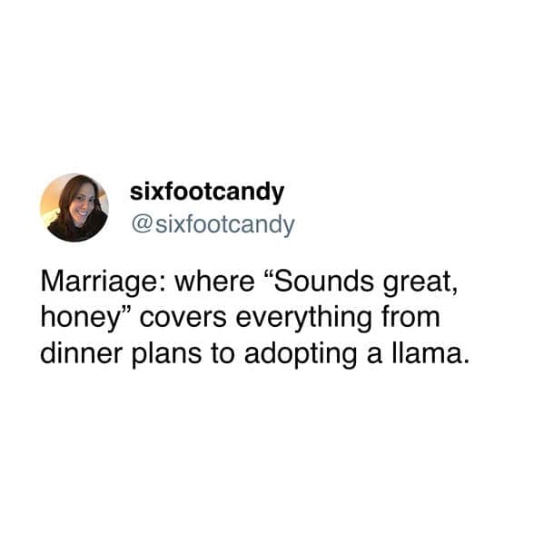 Marriage: where "Sounds great, honey" covers everything from dinner plans to adopting a llama.