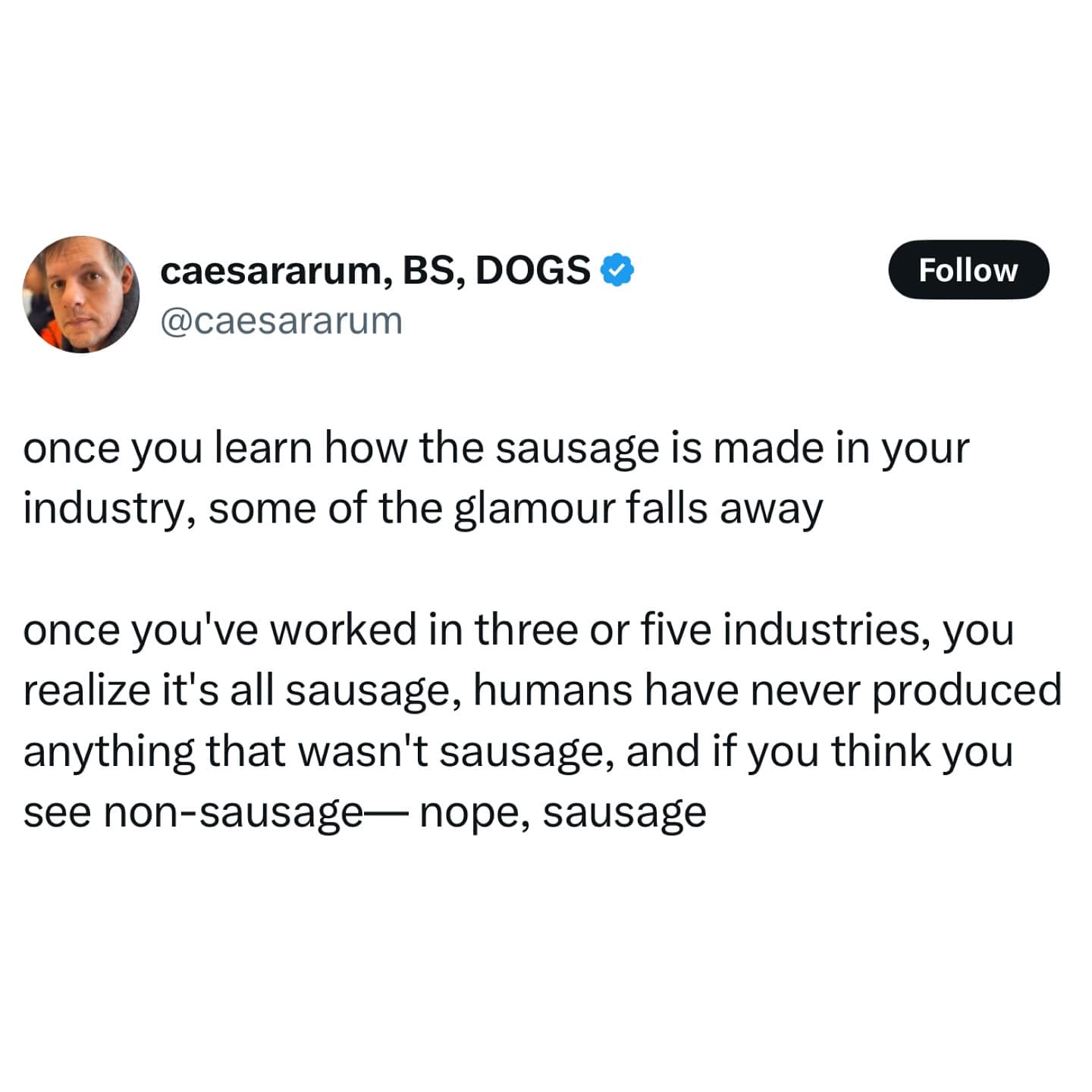once you learn how the sausage is made in your industry, some of the glamour falls away once you've worked in three or five industries, you realize it's all sausage, humans have never produced anything that wasn't sausage, and if you think you see non-sausage nope, sausage