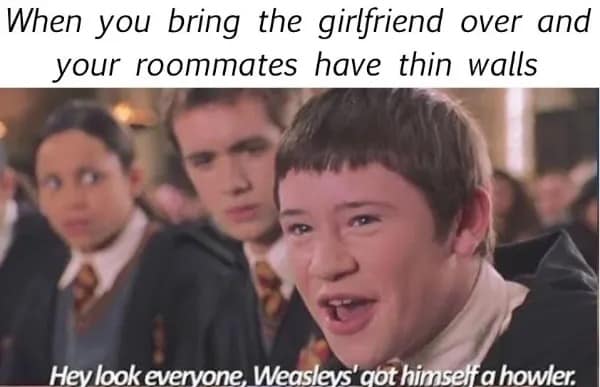 When you bring the girlfriend over and your roommates have thin walls Hey look evervone. Weaslevs' abt himself a howler.