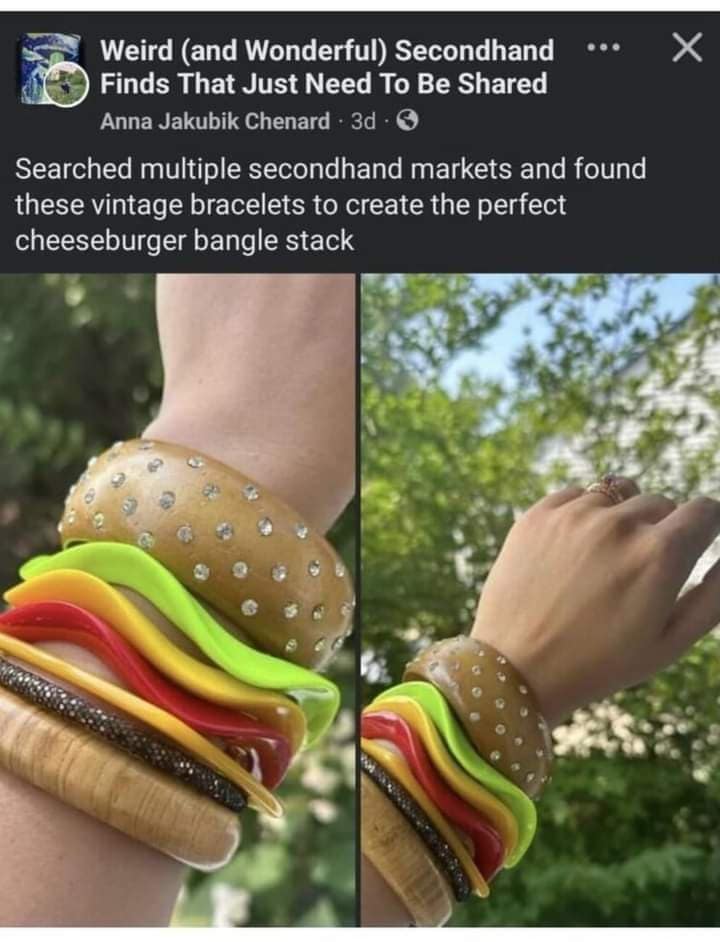 Searched multiple secondhand markets and found these vintage bracelets to create the perfect cheeseburger bangle stack