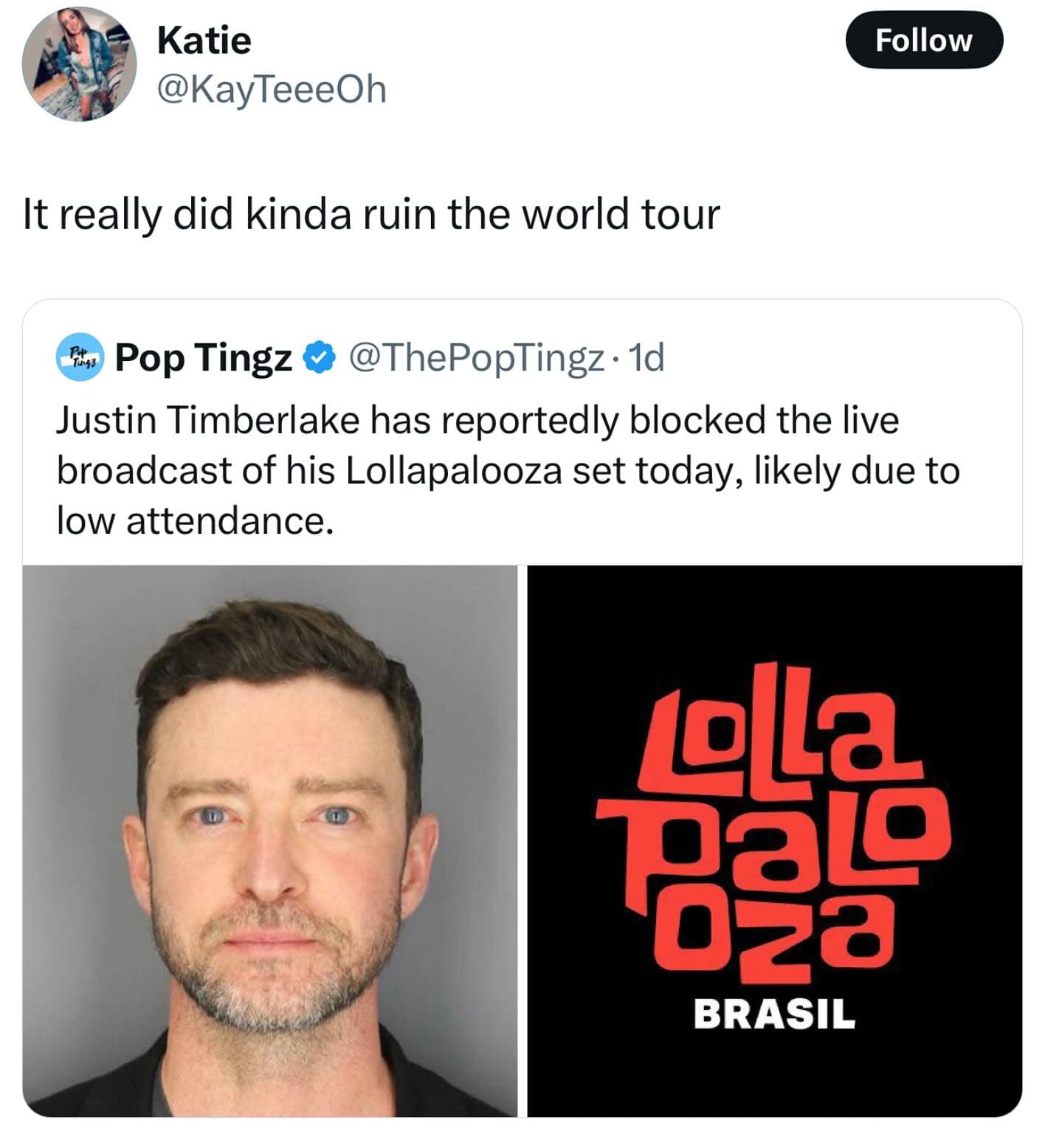 Justin Timberlake has reportedly blocked the live broadcast of his Lollapalooza set today, likely due to low attendance.