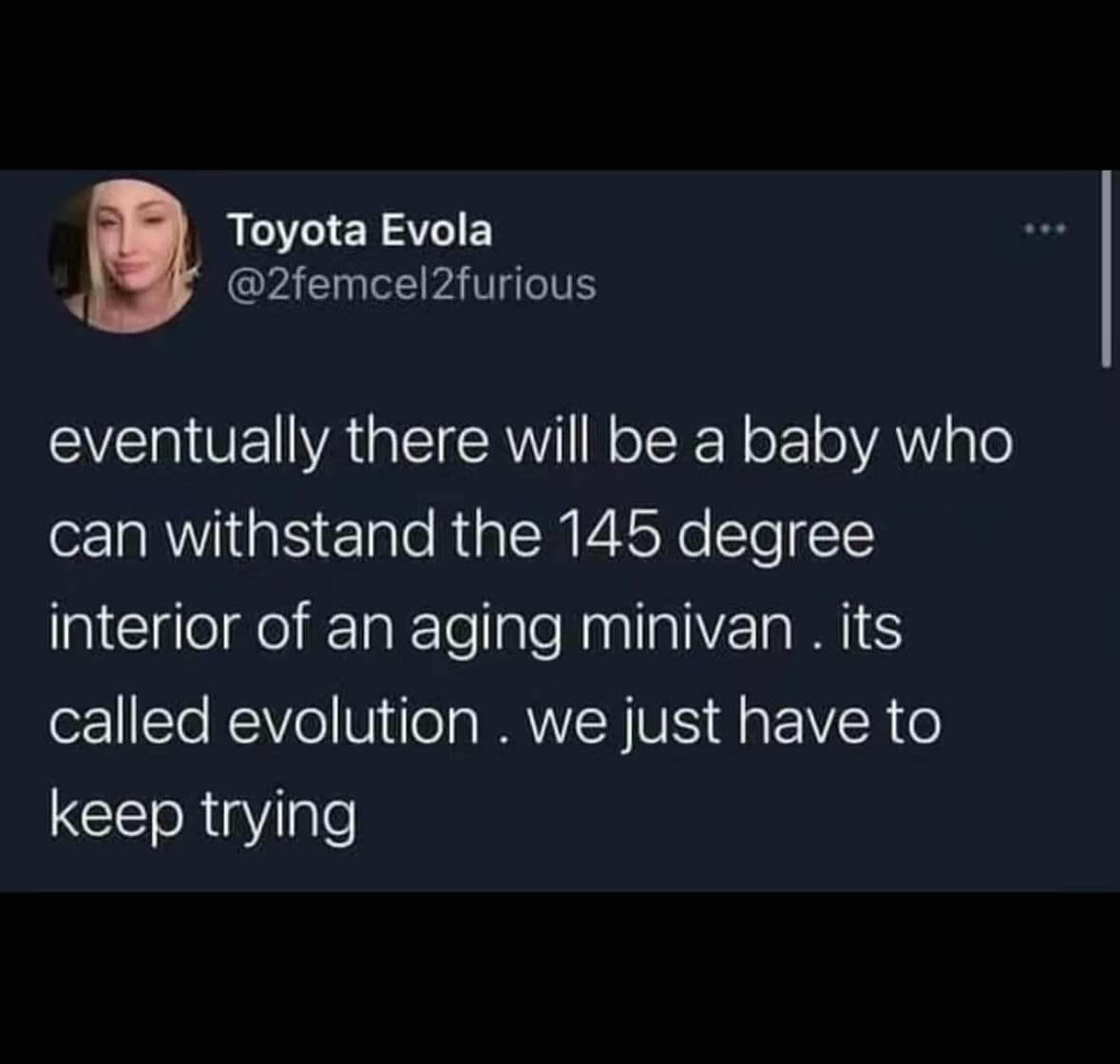 eventually there will be a baby who can withstand the 145 degree interior of an aging minivan. its called evolution. we just have to keep trying