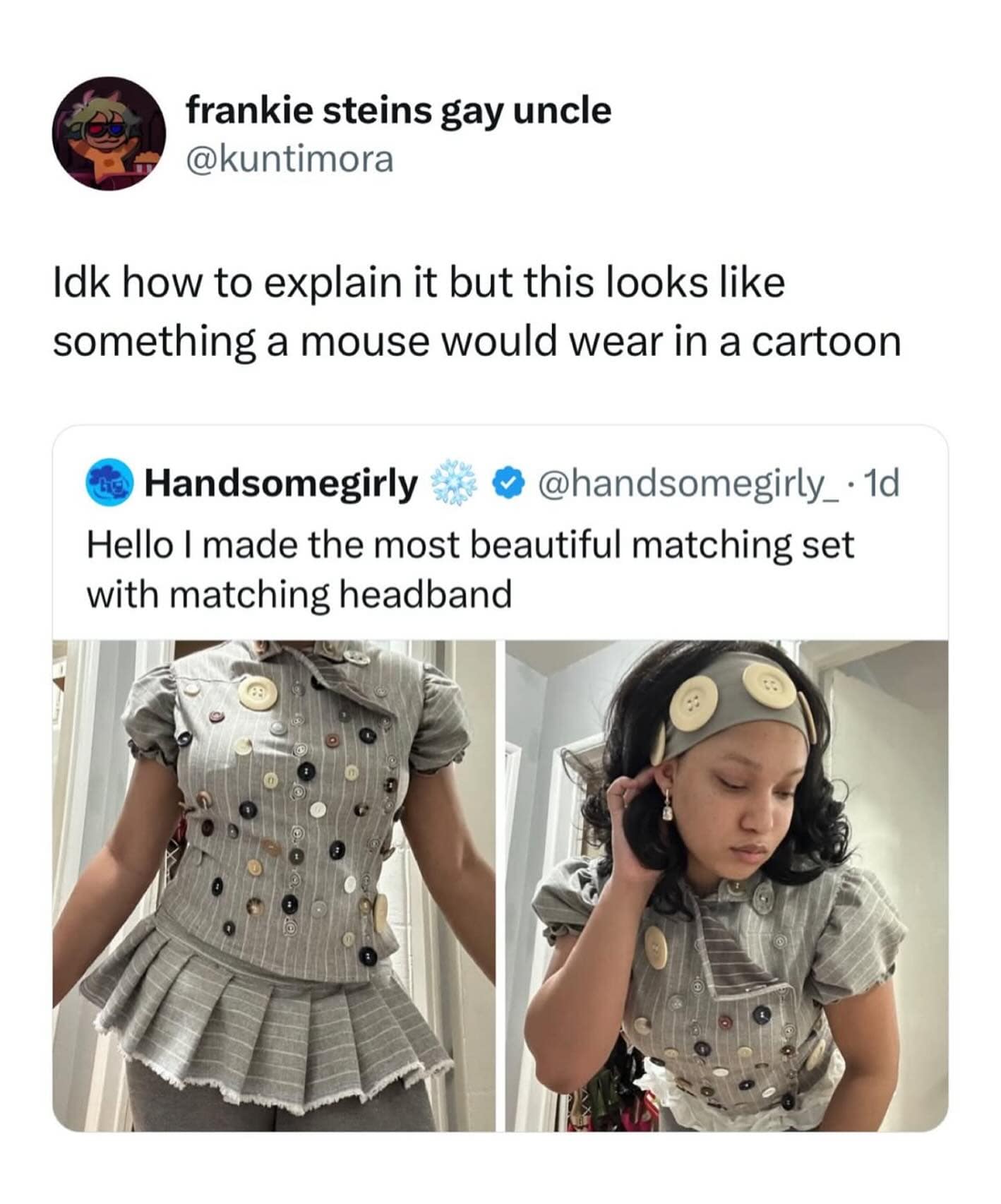 Idk how to explain it but this looks like something a mouse would wear in a cartoon