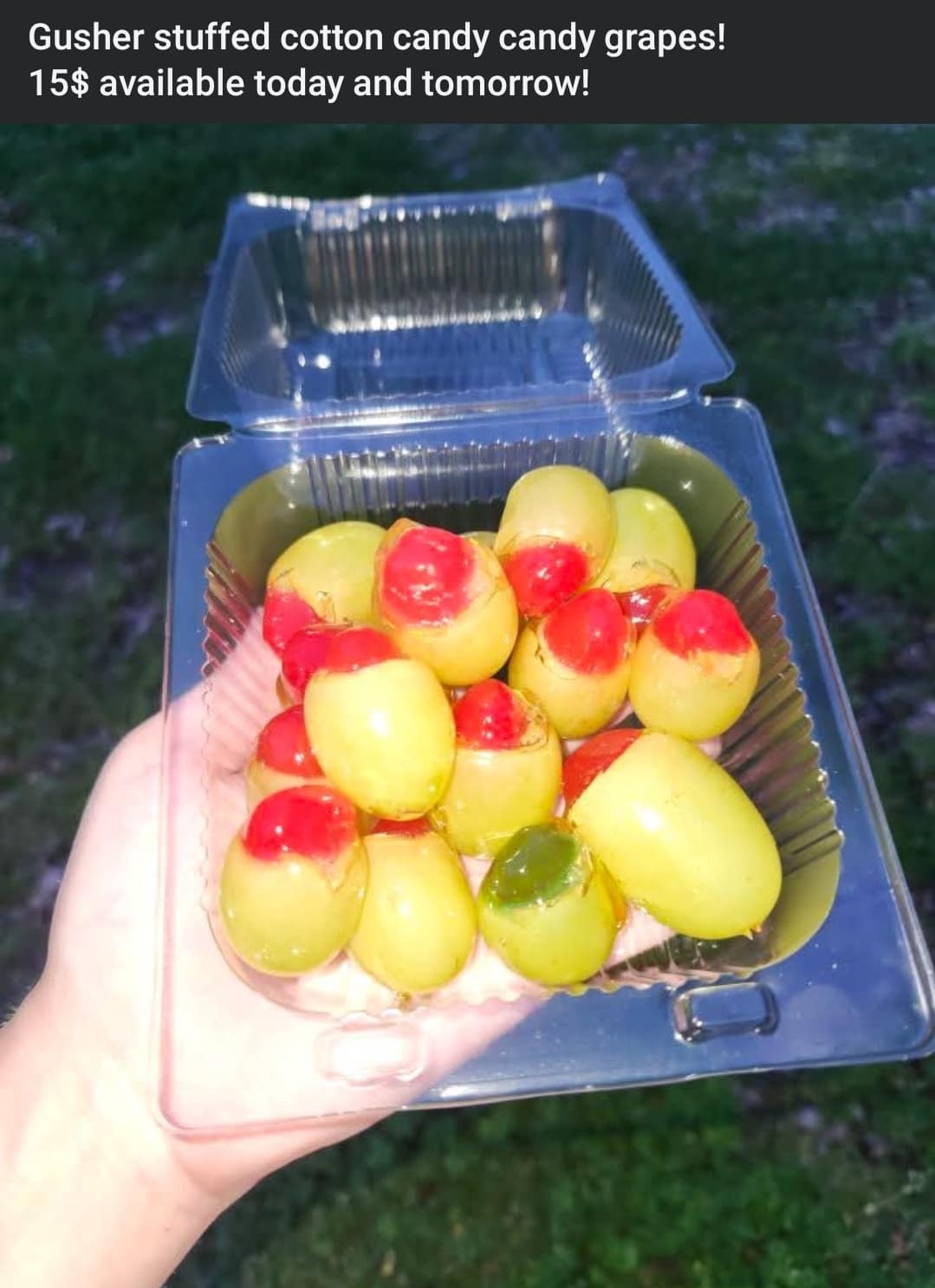 Gusher stuffed cotton candy candy grapes! 15$ available today and tomorrow!