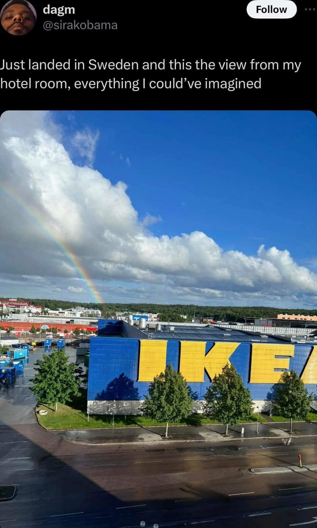 Just landed in Sweden and this the view from my hotel room, everything I could've imagined