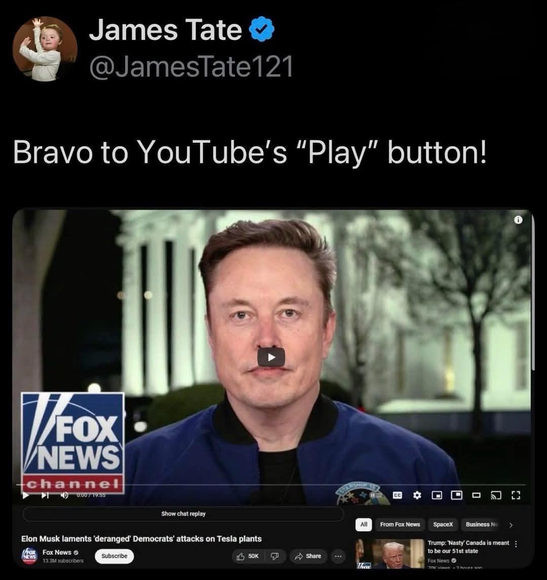 Bravo to YouTube's "Play" button! Elon Musk mustache
