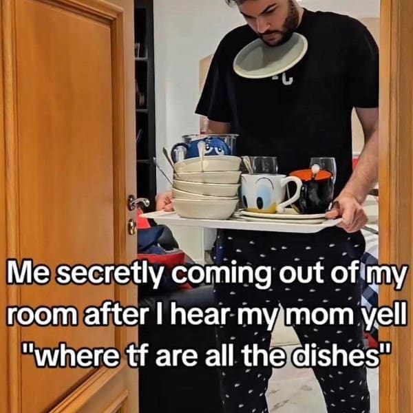 Me secretly coming out of my room after I hear my mom yell "where tf are all the dishes"