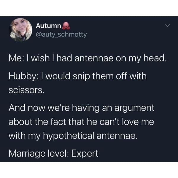 Me: I wish I had antennae on my head. Hubby: I would snip them off with scissors. And now we're having an argument about the fact that he can't love me with my hypothetical antennae. Marriage level: Expert