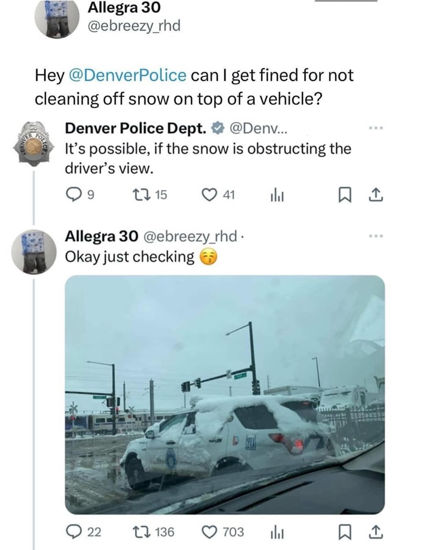Hey @DenverPolice can I get fined for not cleaning off snow on top of a vehicle?