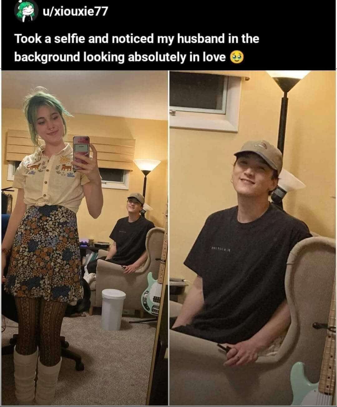 Took a selfie and noticed my husband in the background looking absolutely in love