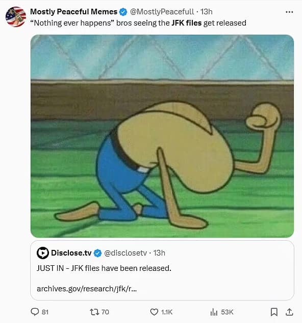 jfk files memes, jfk memes, JFK conspiracy memes, Kennedy assassination jokes, JFK theories, grassy knoll memes, Trump JFK files, Trump conspiracy files, JFK documents release, JFK Trump announcement, historical memes, history humor, presidential memes, political satire