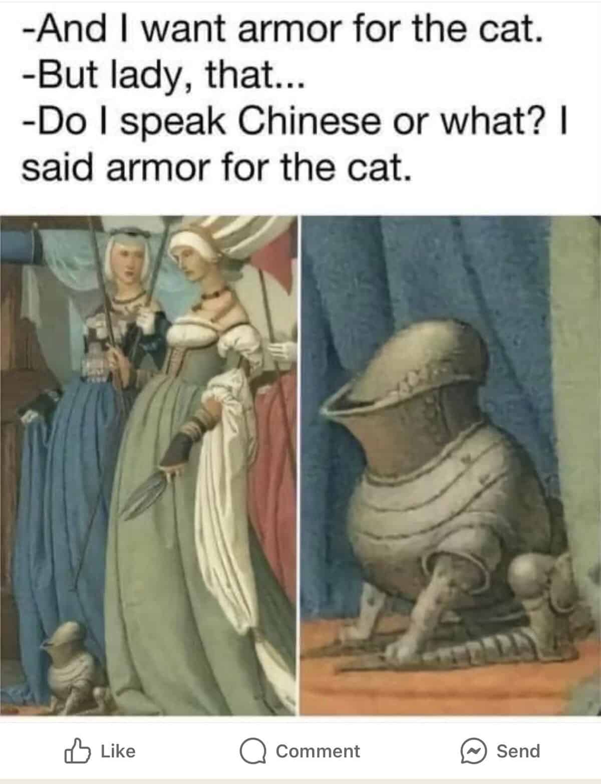 -And I want armor for the cat. -But lady, that... -Do I speak Chinese or what? | said armor for the cat.